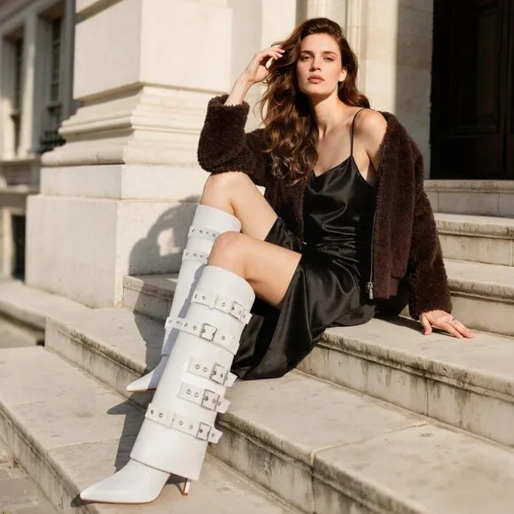 Women's Fold Over Long Tall Leather Buckle Shark Knee High Zipper White Boots - Picture 5 of 6